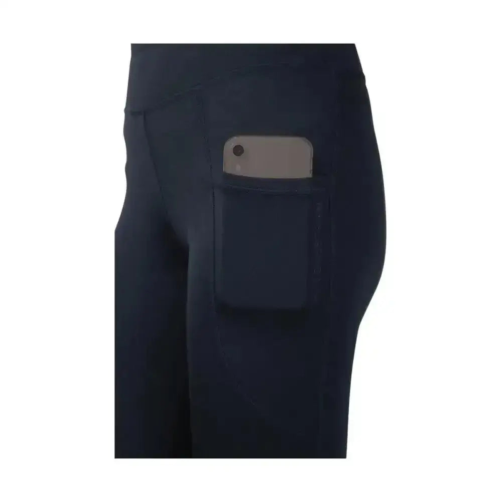 Navy blue hy equestrian childrens selah competition riding tights with front pocket holding a smartphone