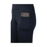Navy blue hy equestrian childrens selah competition riding tights with front pocket holding a smartphone