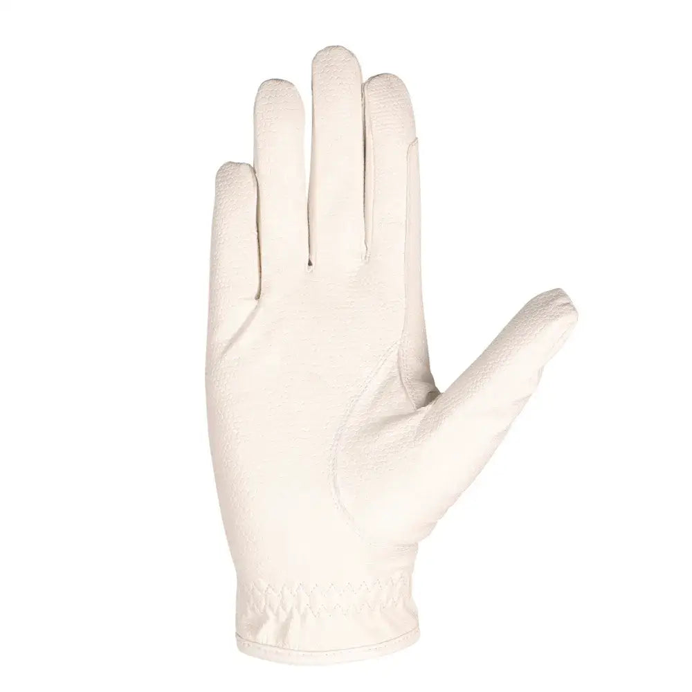 A cream-colored leather hy equestrian children’s shimmer riding glove with smooth texture and neat stitching