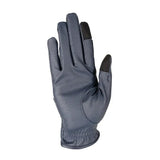 Dark gray shimmer riding gloves with pebbled leather texture and black fingertips for equestrian children’s use