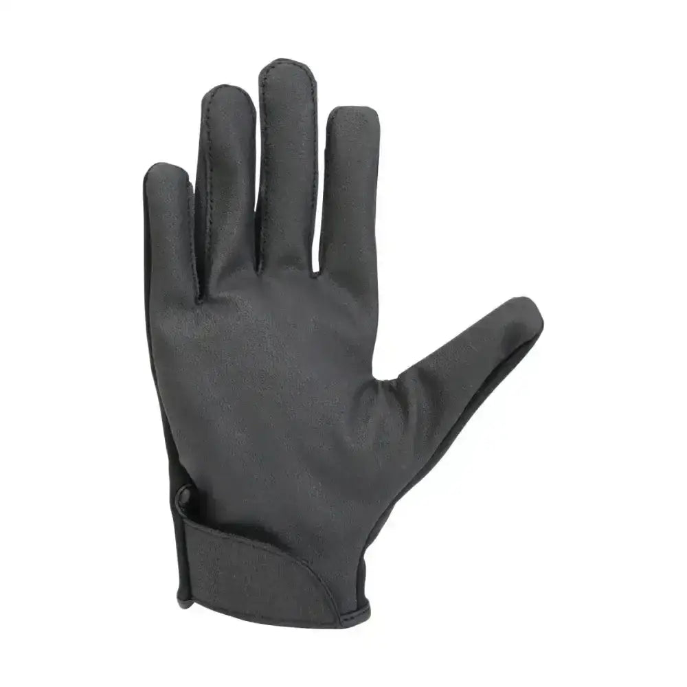 Black leather Hy Equestrian children’s softshell comfort riding gloves with sleek design and reinforced stitching back view
