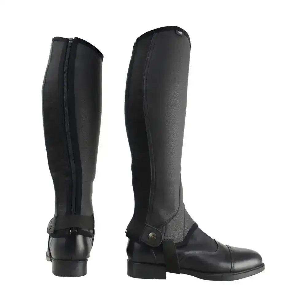 Back view of black synthetic combi leather children’s riding gaiters with zipper and adjustable ankle strap