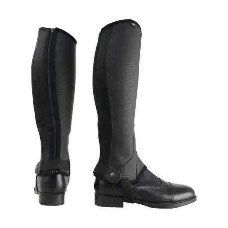 Back view of black synthetic combi leather children’s riding gaiters with zipper and adjustable ankle strap
