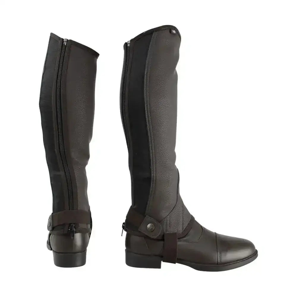 Black synthetic combi leather chaps for kids with side zipper and ankle strap from Hy Equestrian