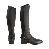 Black synthetic combi leather chaps for kids with side zipper and ankle strap from Hy Equestrian