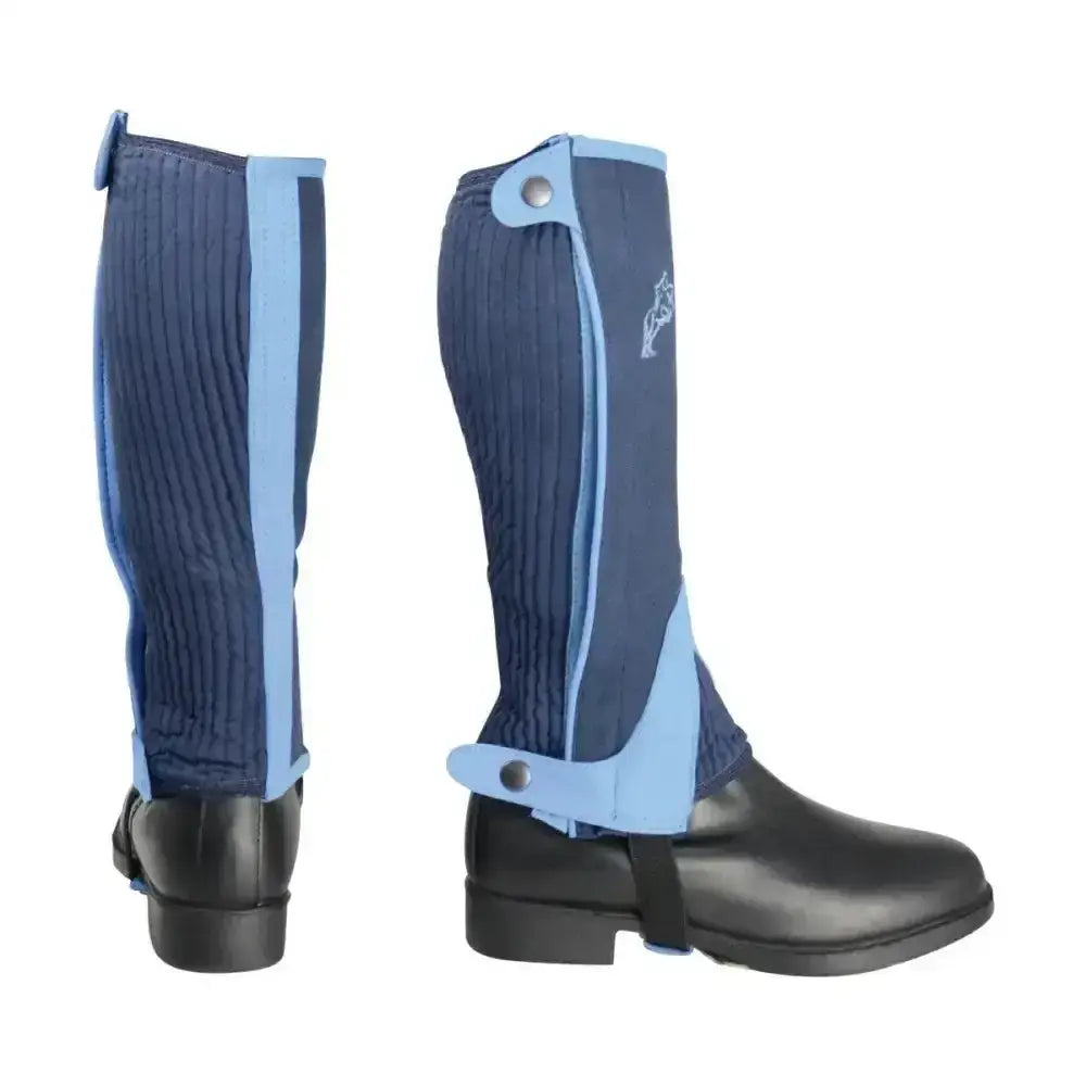 Blue and light blue ribbed fabric two tone amara half chaps with adjustable straps for equestrian children’s use