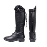 Black leather equestrian childrens union jack riding boots with decorative shield emblem and back zipper closure