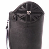 Black leather equestrian childrens boot with union jack panel and silver shield perfect union jack riding boots for kids