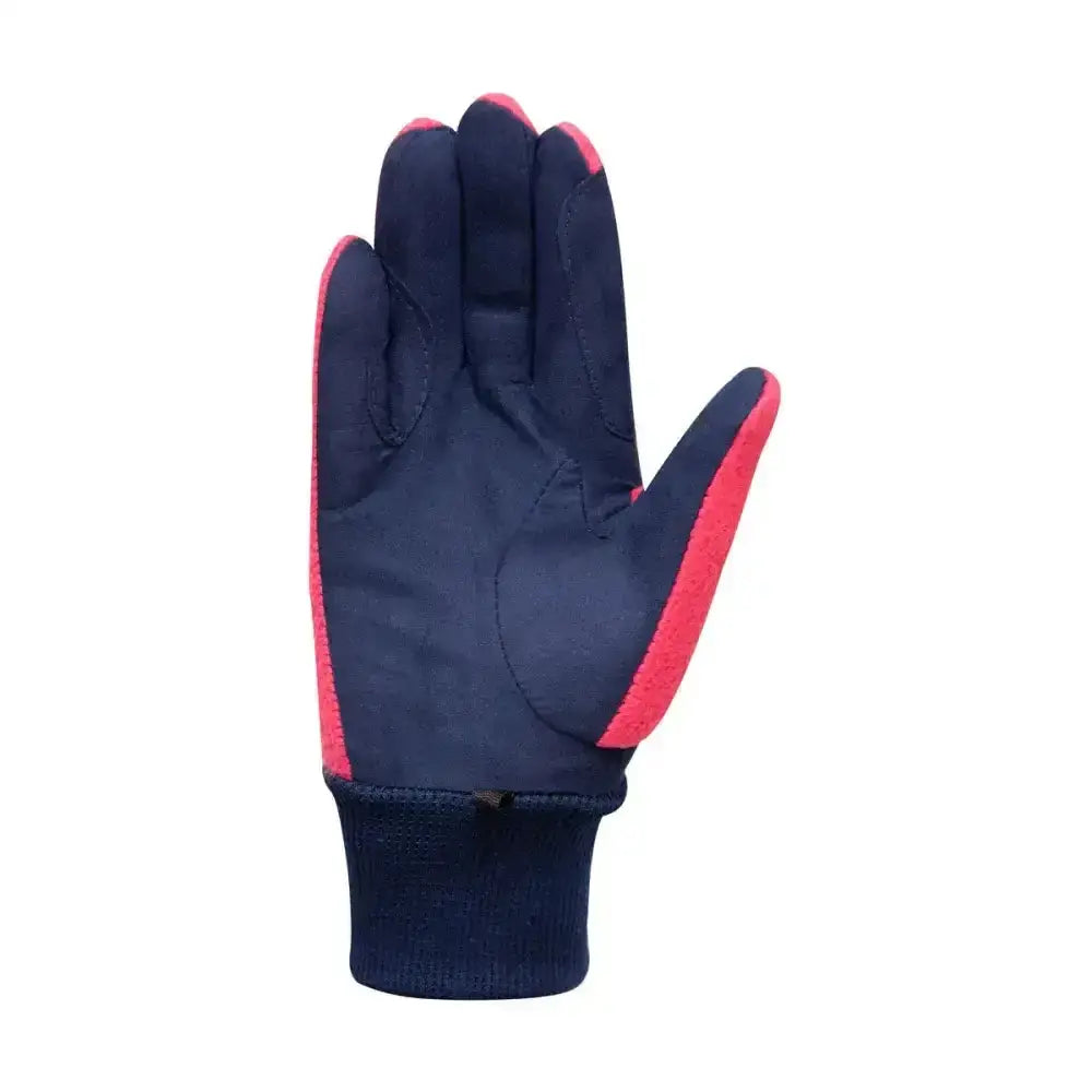 Back of navy blue and pink hy equestrian children’s winter two tone riding gloves with insulated ribbed cuff and reinforced stitching