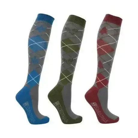 Hy Equestrian Christmas Argyle Socks (Pack of 3) Slate/Red/Blue/Thyme 4-8 Riding Socks