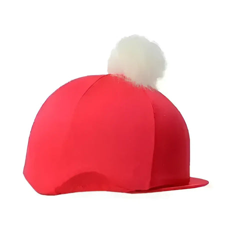 Red equestrian christmas santa hat cover with fluffy white faux pom pom for equestrian helmets