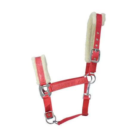 Red leather equestrian christmas santa head collar with white fleece lining and silver metal hardware seasonal head collar