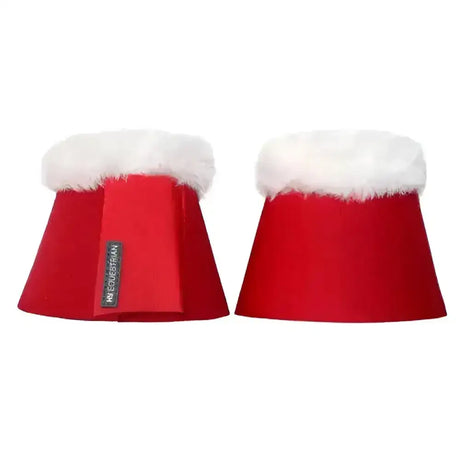 Red hy equestrian christmas santa over reach horse boots with synthetic fur trim and black the equestrian brand tag