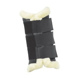 Black leather brushing boots with cream sheepskin lining top and bottom for beautifully fitted brushing by hy equestrian