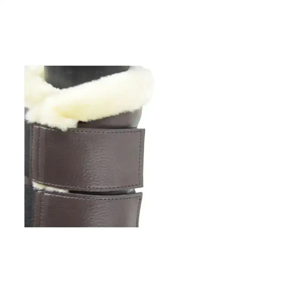 Brown leather brushing boots with white shearling lining from hy equestrian for beautifully fitted brushing