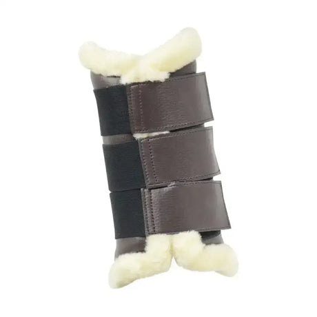 Hy equestrian combi leather brushing boots in brown leather with black straps and cream sheepskin lining for beautifully fitted brushing