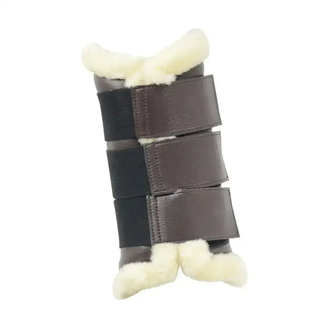 Hy equestrian combi leather brushing boots in brown leather with black straps and cream sheepskin lining for beautifully fitted brushing