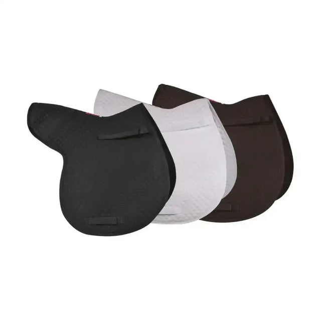 Three horse saddle pads in black white and brown from hy equestrian competition hywither range purpose numnah