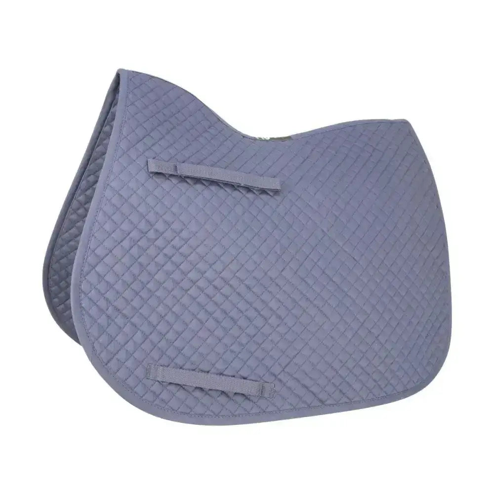 Gray quilted saddle pad with diamond pattern and two fabric straps for equestrian competition purpose pad use