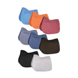 A collection of colorful textured hy equestrian competition all purpose saddle pads in blue orange pink gray black and white