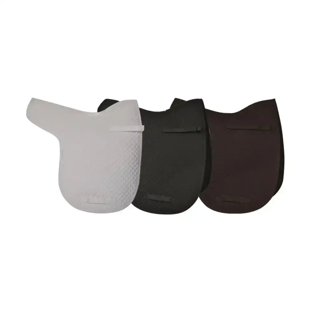 Three hy equestrian competition dressage numnah saddle pads in white black and dark brown quilted with side pockets from hywither range