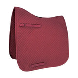 A burgundy quilted hy equestrian competition dressage pad with diamond pattern and straps from the hywither range