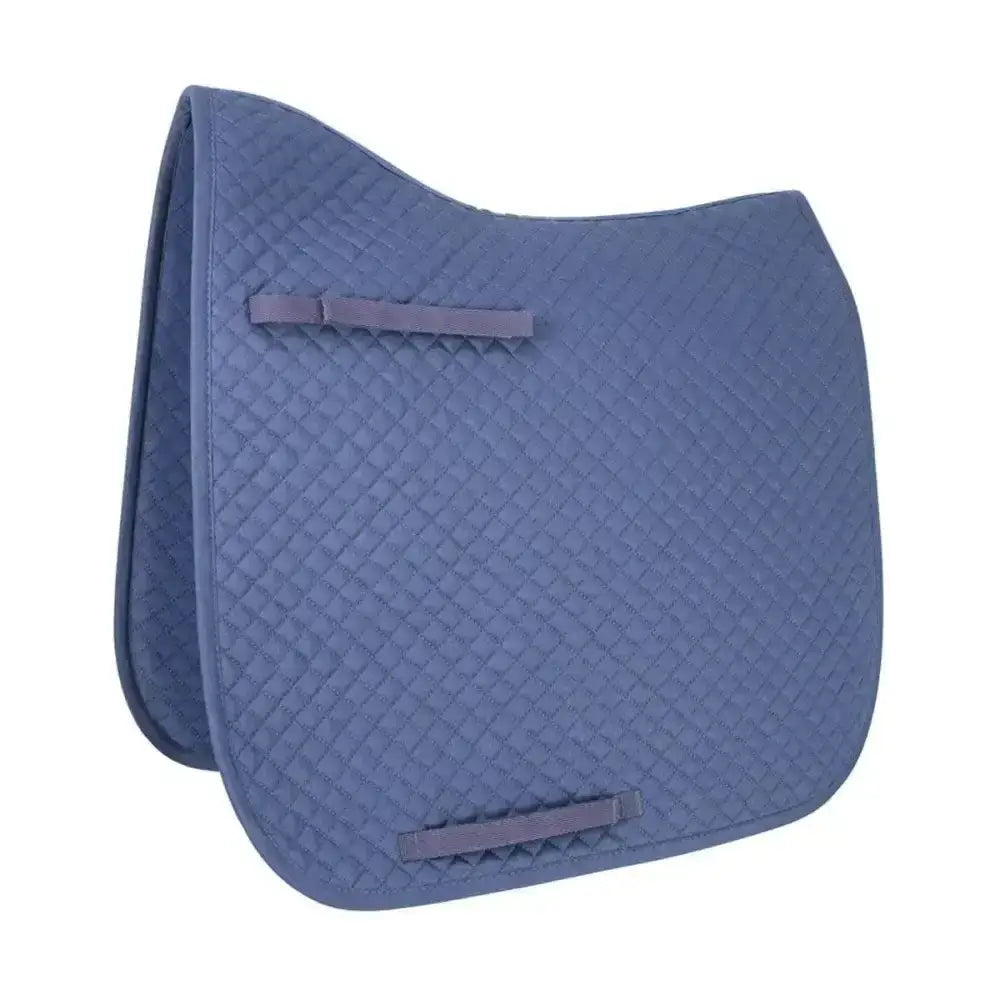 Blue quilted hy equestrian competition dressage pad with woven diamond pattern and matching fabric straps from hywither range