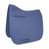 Blue quilted hy equestrian competition dressage pad with woven diamond pattern and matching fabric straps from hywither range