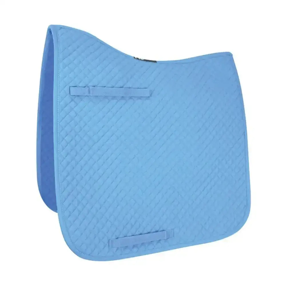 Light blue quilted hywither range equestrian competition dressage pad with diamond pattern and two fabric straps