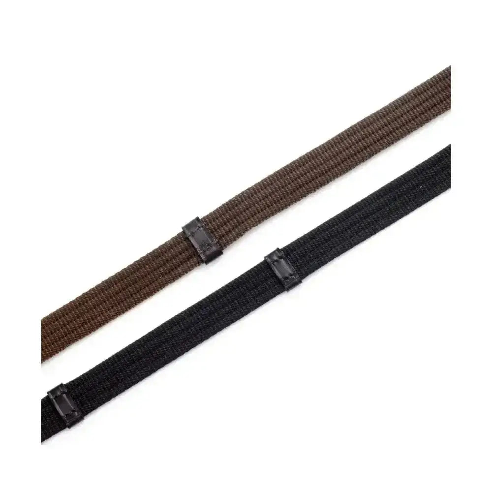 Brown and black woven continental reins with matte finish plastic buckles for equestrian continental reins use