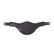 Black horse saddle pad with silver buckles and gray accents paired with hy equestrian contoured stud girth long