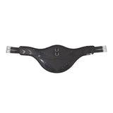 Black horse saddle pad with silver metallic buckles and gray accents paired with hy equestrian contoured stud girth long