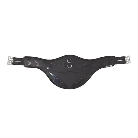 Black horse saddle pad with silver metallic buckles and gray accents paired with hy equestrian contoured stud girth long