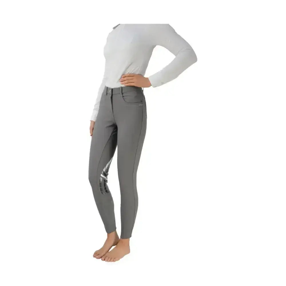 Gray equestrian corby cool ladies breeches with sleek fit silicone knee patches and subtle reflective stripes on outer thigh