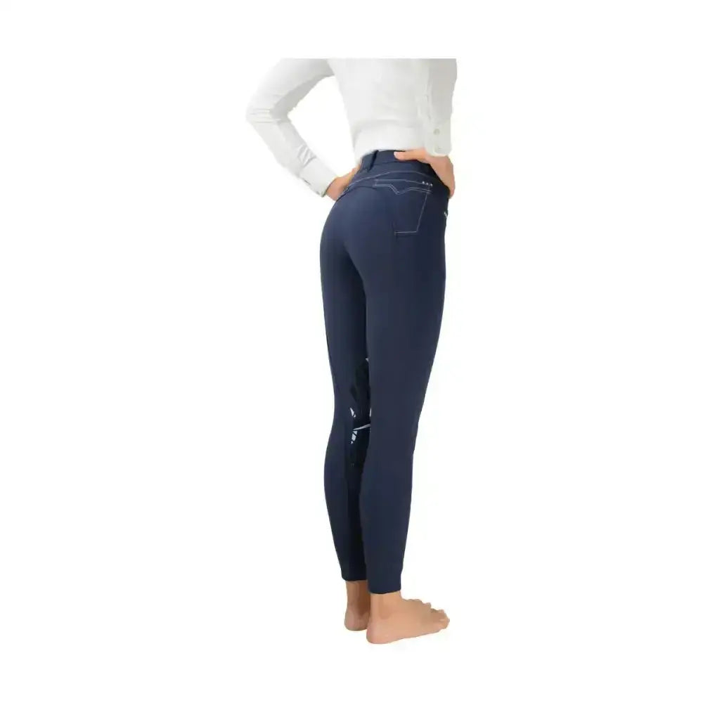 Navy blue stretch fabric equestrian corby cool ladies breeches with white stitching and silicone knee patches for riding
