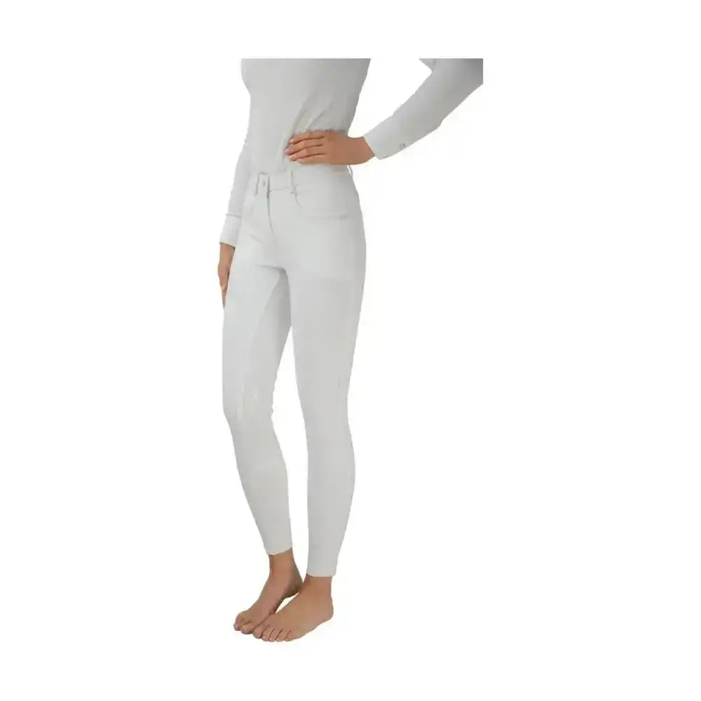 White equestrian corby cool ladies breeches with high waist fitted design and subtle stitching silicone knee patches