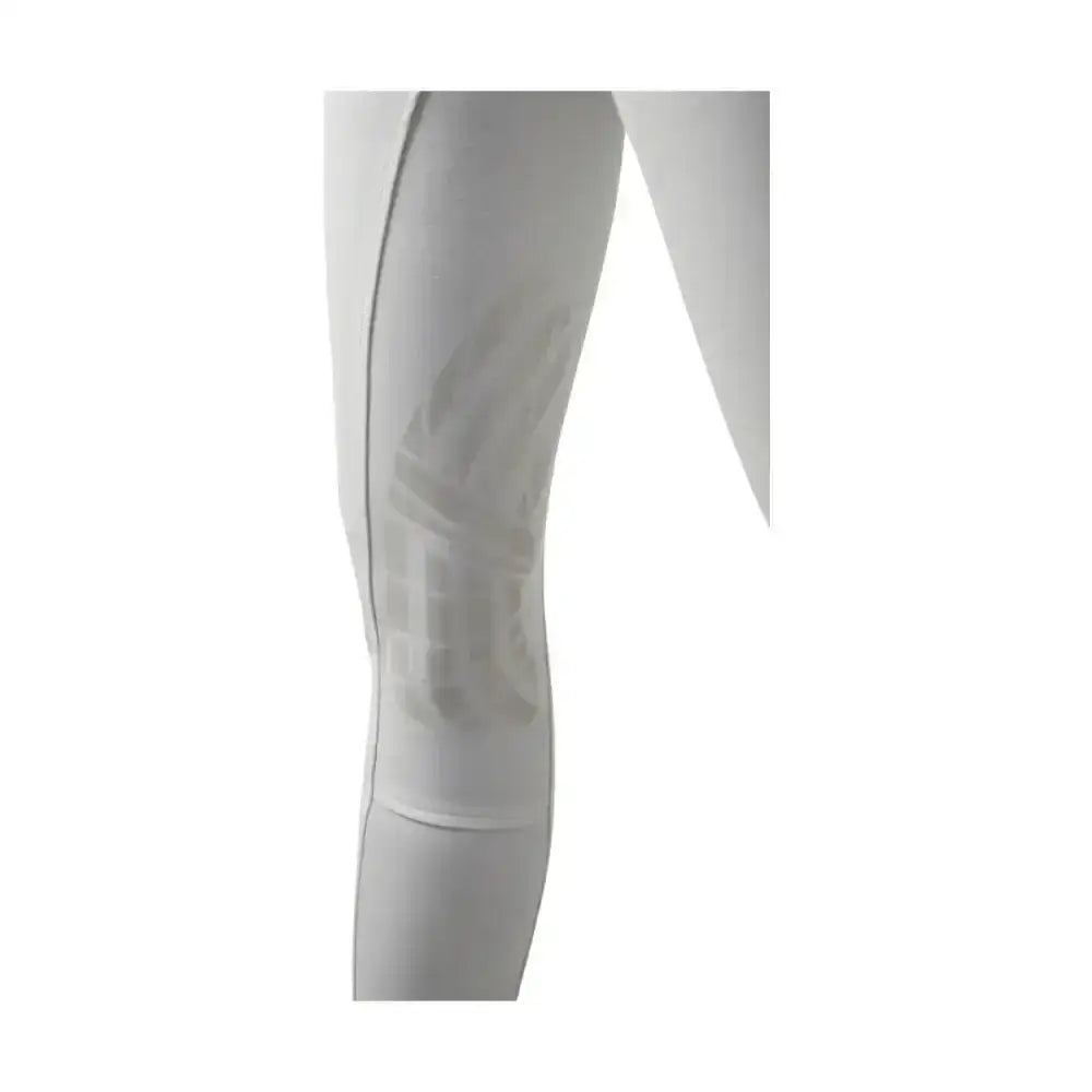 White athletic leggings with subtle gray abstract pattern on thigh featuring silicone knee patches from HY equestrian corby cool ladies breeches
