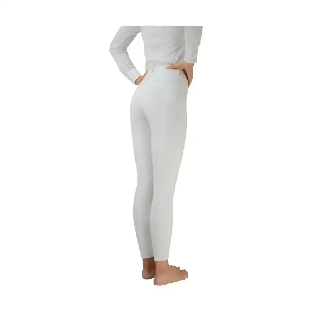 White equestrian corby cool ladies breeches with high waist, silicone knee patches, and subtle seam detailing