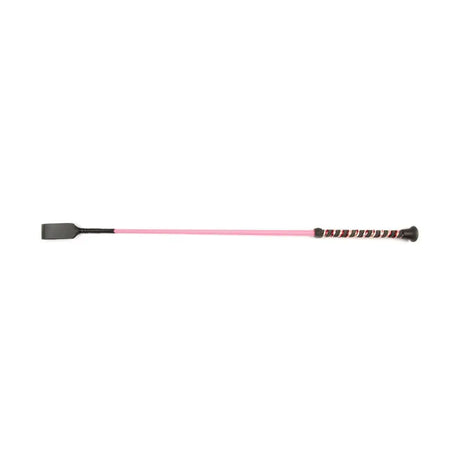 Pink horse whip with black grip spiral handle and equestrian cord braided design for riding crops use