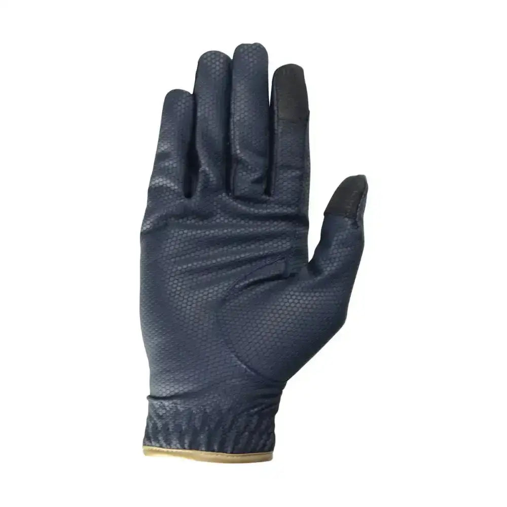 Dark blue touchscreen compatible equestrian cottenham elite riding glove with textured grip and reinforced fingertips