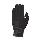 Back of black equestrian cottenham elite riding gloves with gray accent stitching and wrist logo shown