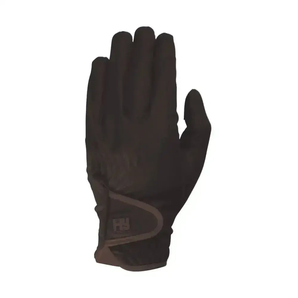 Black equestrian cottenham elite riding glove with tan accent on wrist strap shown from the back side