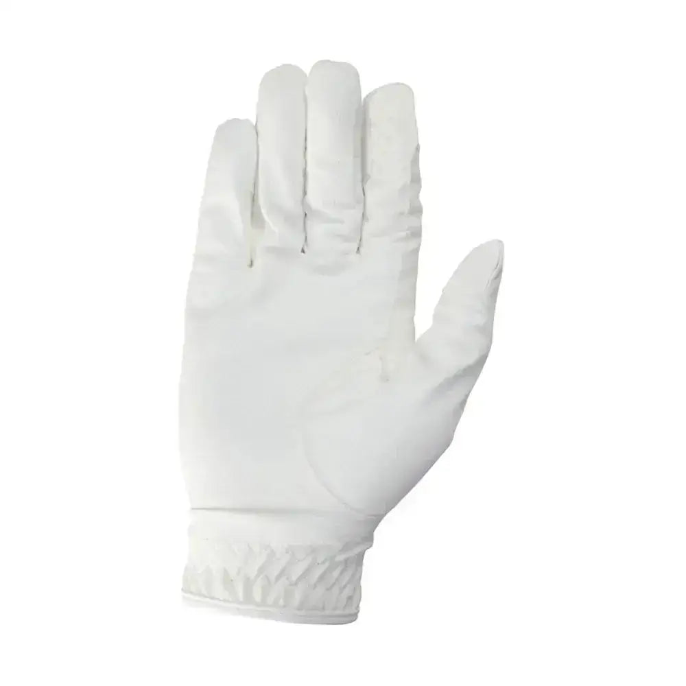 White equestrian cottenham elite riding glove with textured durable fabric and elasticated wristband shown from the back