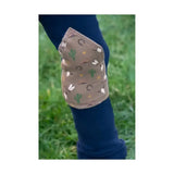 Beige fabric knee patch with green cactus brown horseshoe and white arrow patterns on hy equestrian cowboy tots jodhpurs