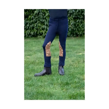 Navy blue hy equestrian cowboy tots jodhpurs with tan patterned knee patches perfect for a cowboy’s day ride