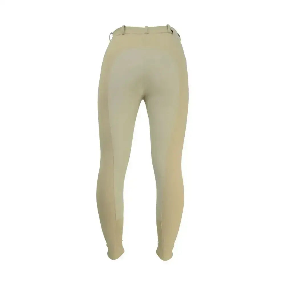 Beige HY equestrian cranwell ladies breeches with smooth fabric, belt, and reinforced alos knee for riding comfort