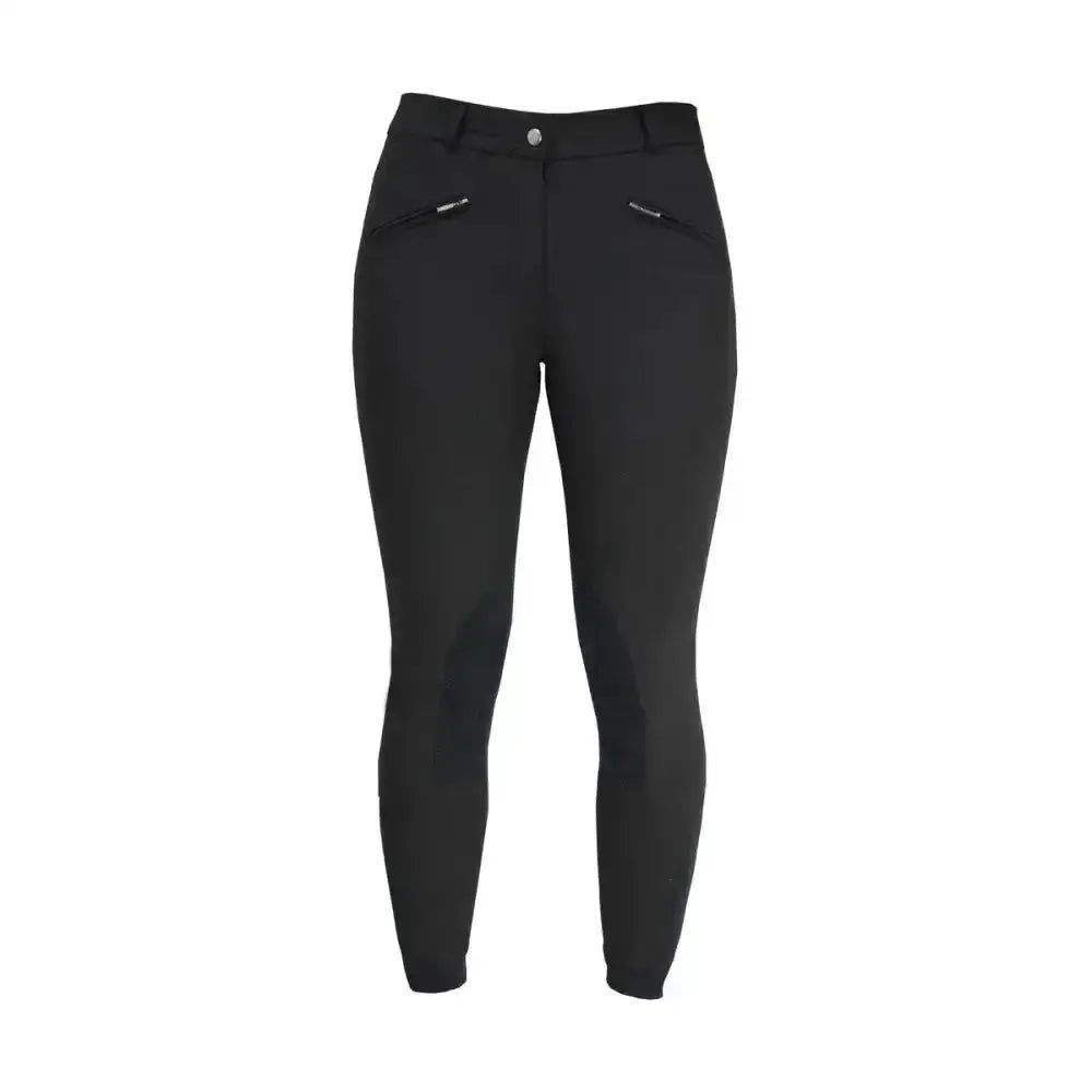 Black equestrian cranwell ladies breeches with sleek fit, subtle silver zippers, and reinforced alos knee design