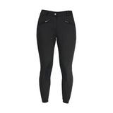 Black equestrian cranwell ladies breeches with sleek fit, subtle silver zippers, and reinforced alos knee design