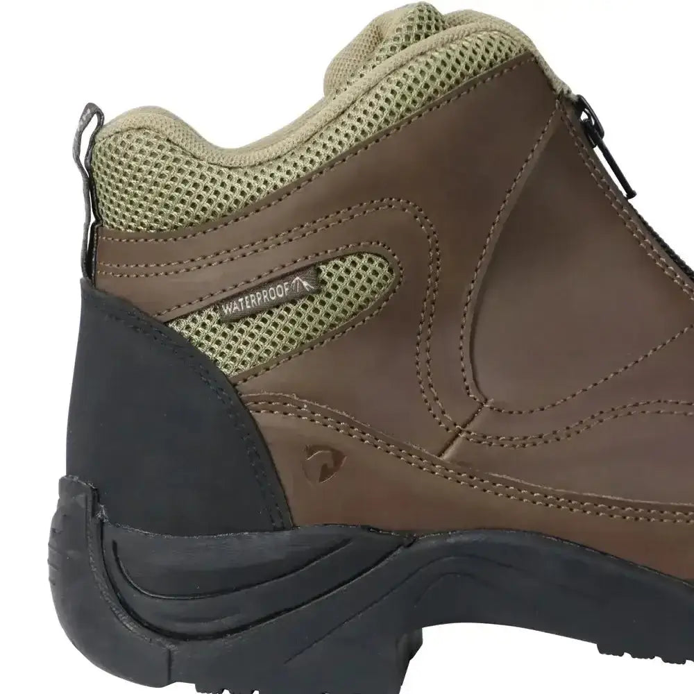Brown hy equestrian cromford short boots featuring mesh panels with olive green lining and black rubber sole