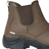 Brown waterproof pull-on boots with elastic sides and black soles from the hy equestrian crowden jodhpur boots range